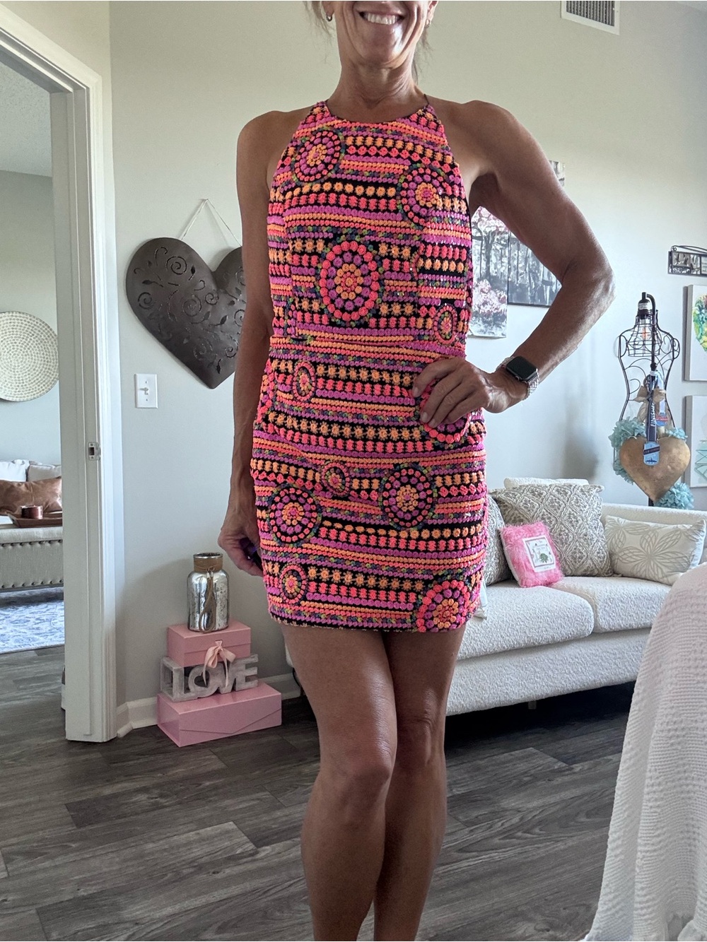 Laundry By Shelli Segal Neon Pink and Black Patterned Halter Mini Dress - Picture 4 of 7